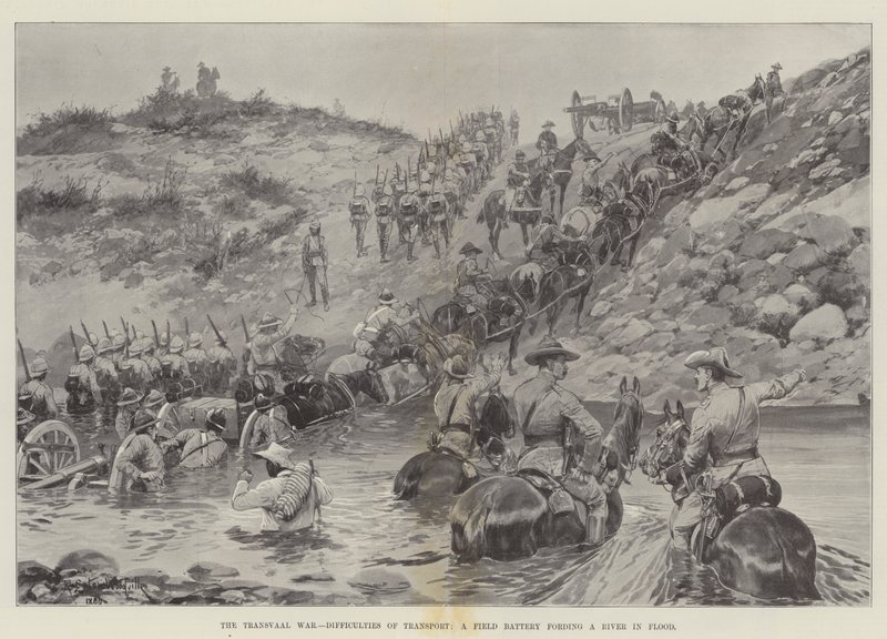 De Transvaal Oorlog, moeilijkheden van transport, een veldbatterij die een rivier in overstroming doorwaadt door Richard Caton Woodville junior