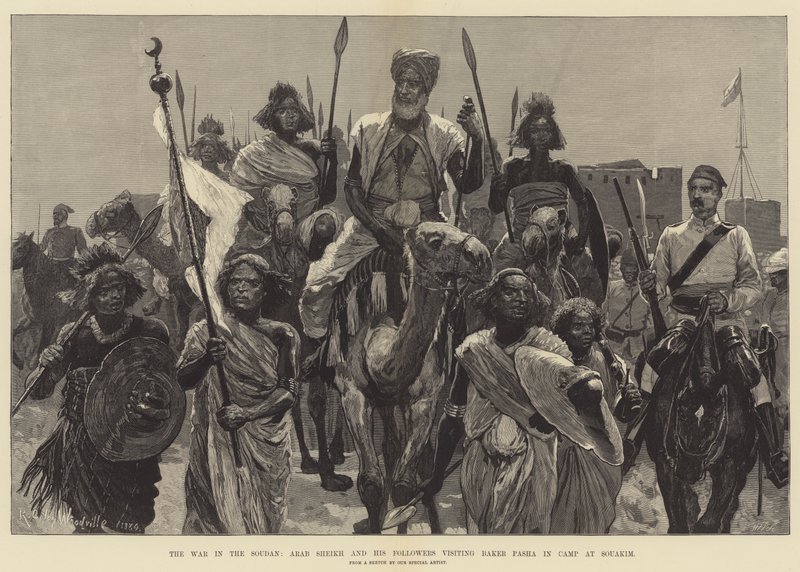 De oorlog in Soedan, Arabische sjeik en zijn volgelingen bezoeken Baker Pasha in kamp bij Souakim door Richard Caton Woodville junior