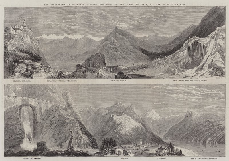 De Stereorama in Cremorne Gardens, Panorama van de Route naar Italië, via de St Gothard Pas door Richard Principal Leitch