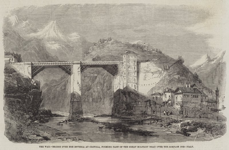 De oorlog, brug over de Doveria bij Crevola, onderdeel van de grote militaire weg over de Simplon naar Italië door Richard Principal Leitch