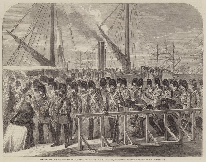 Ontscheping van de Scots Fusilier Guards in Weoville Yard, Portsmouth door Richard Ubsdell