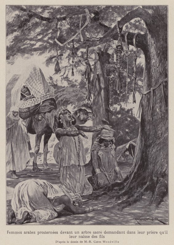 Arabische vrouwen die zich voor een heilige boom neerbuigen in gebed dat ze kinderen zullen krijgen door Richard Caton II (after) Woodville
