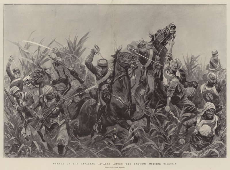 Aanval van de Japanse Cavalerie tussen de Bamboes buiten Tientsin door Richard Caton Woodville junior