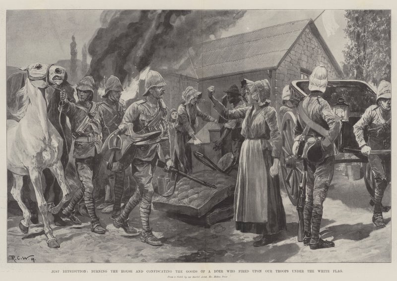 Rechtvaardige vergelding, het verbranden van het huis en het in beslag nemen van de goederen van een Boer die op onze troepen schoot onder de witte vlag door Richard Caton Woodville junior