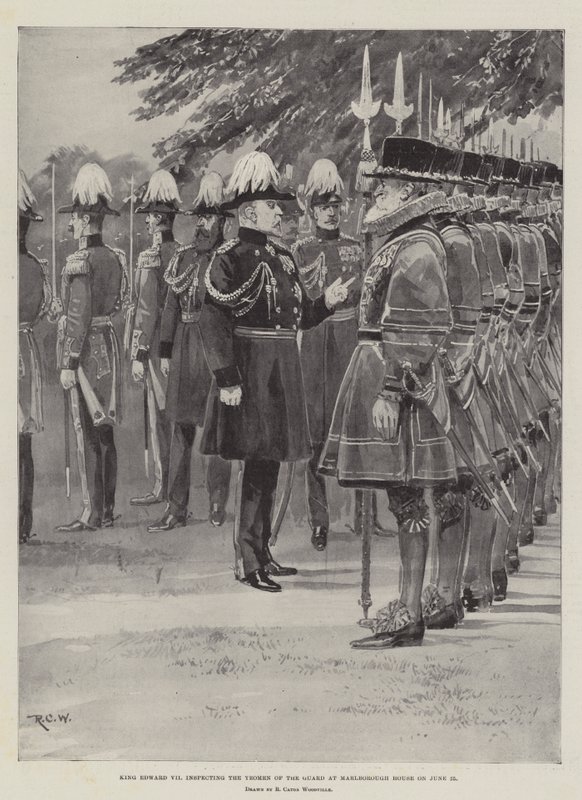 Koning Edward VII inspecteert de Yeomen of the Guard in Marlborough House op 25 juni door Richard Caton Woodville junior