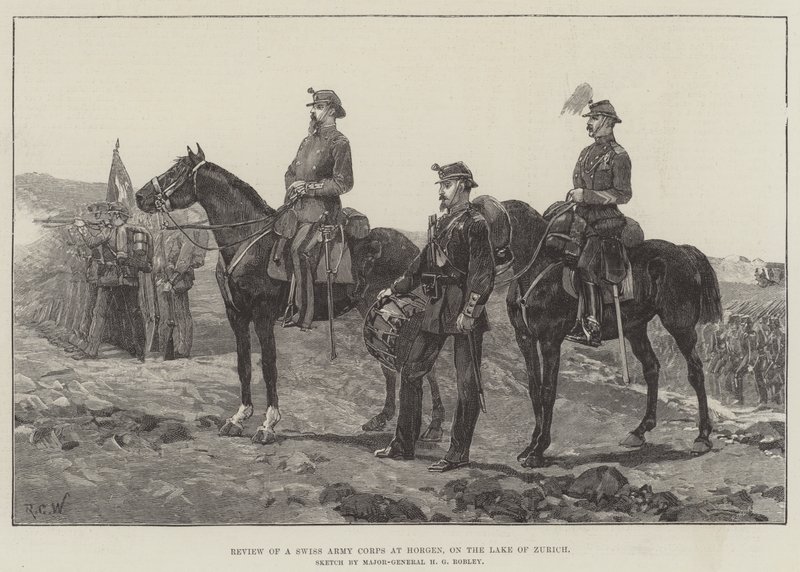 Review van een Zwitsers legerkorps in Horgen, aan het meer van Zürich door Richard Caton Woodville junior
