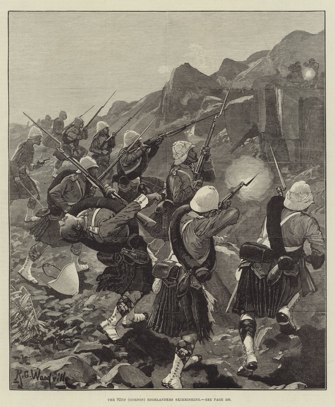 De 92e (Gordon) Highlanders in een schermutseling door Richard Caton Woodville junior