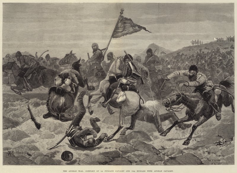 De Afghaanse Oorlog, Conflict van de 1e Punjab Cavalerie en 15e Huzaren met Afghaanse Cavalerie door Richard Caton Woodville junior