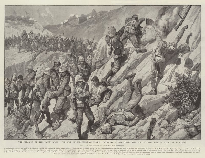 Het opruimen van de Saran Ridge, de mannen van het Northamptonshire Regiment heliograferen om hulp bij hun afdaling met de gewonden door Richard Caton Woodville junior