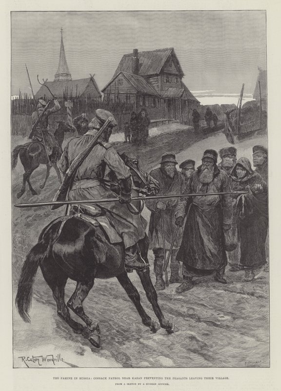 De Hongersnood in Rusland, Kozakkenpatrouille bij Kazan voorkomt dat de Boeren hun Dorp Verlaten door Richard Caton Woodville junior