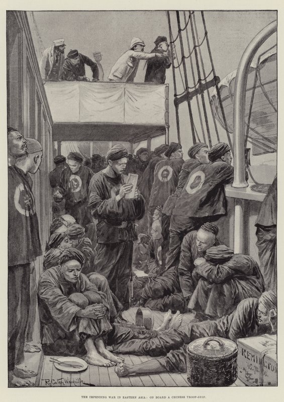 De Dreigende Oorlog in Oost-Azië, aan boord van een Chinees troepenschip door Richard Caton Woodville junior