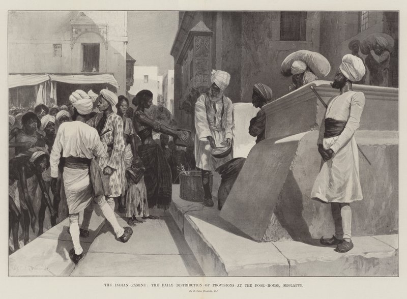De Indiase Hongersnood, de Dagelijkse Distributie van Voedsel in het Armenhuis, Sholapur door Richard Caton Woodville junior