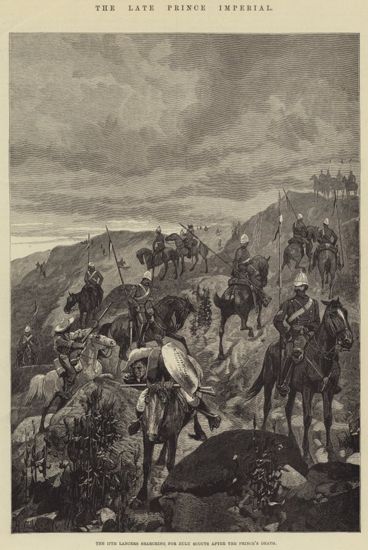 De Laatste Keizerlijke Prins, de 17e Lancers op zoek naar Zulu Verkenners na de Dood van de Prins door Richard Caton Woodville junior