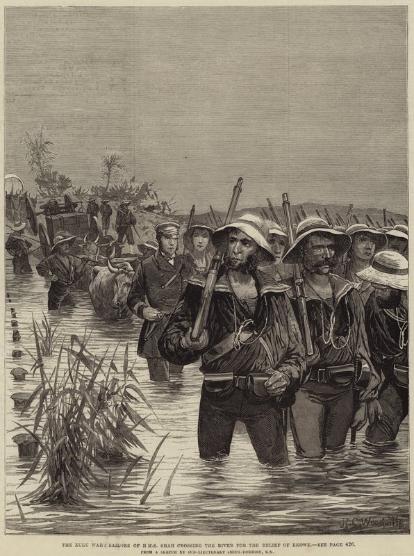 De Zoeloe Oorlog, Matrozen van HMS Shah steken de rivier over voor de Hulp van Ekowe door Richard Caton Woodville junior