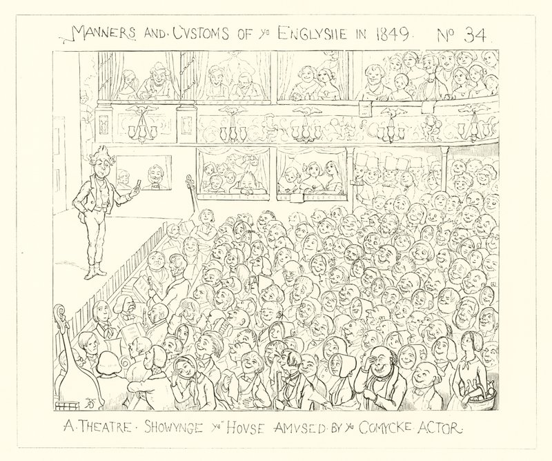 Een theater dat het huis toont dat vermaakt wordt door de komische acteur door Richard Doyle