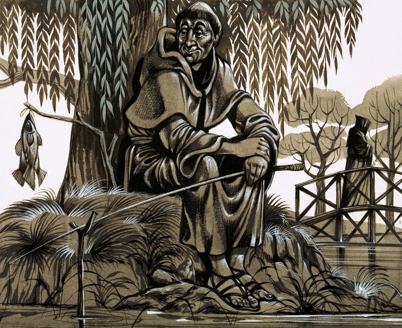 Een blij kijkende broeder landt er een voor de pot (gouache op papier) door Richard Hook