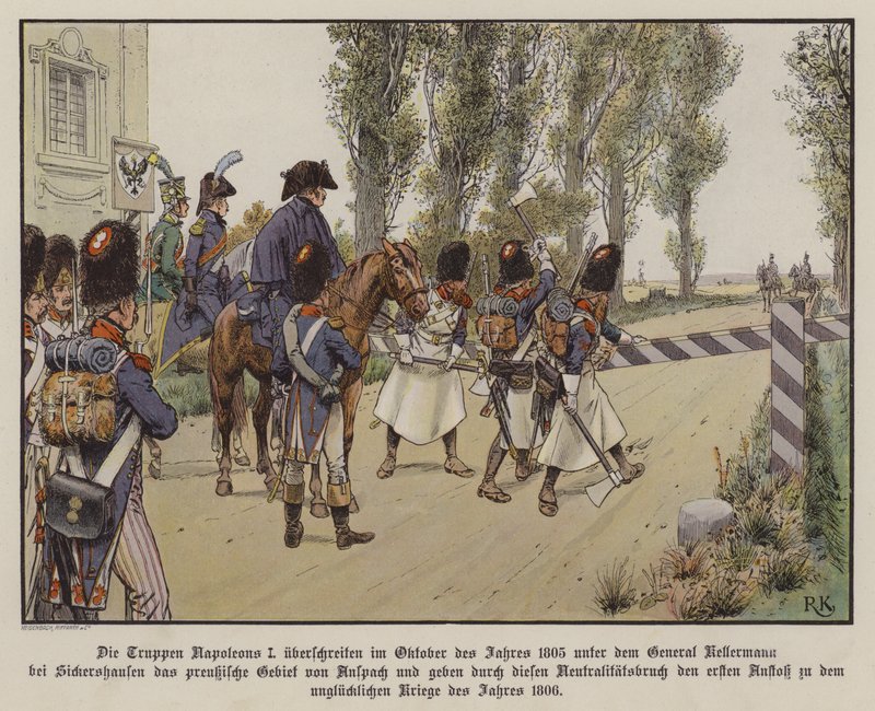 Franse troepen onder bevel van Generaal Kellermann steken de grens over naar Pruisisch grondgebied bij Sickershausen, oktober 1805 door Richard Knotel