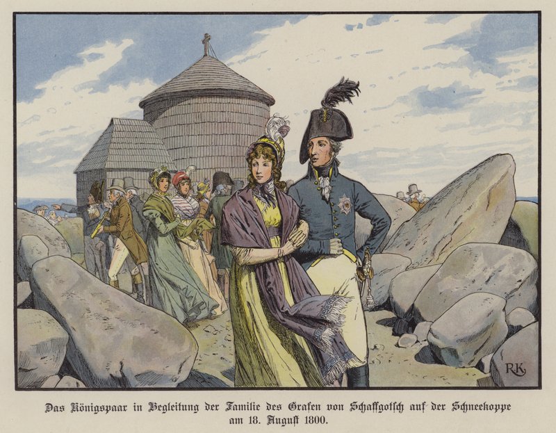 Koning Frederik Willem III en Koningin Louise van Pruisen in gezelschap van de familie van Graaf von Schaffgotsch op de Schneekoppe, augustus 1800 door Richard Knotel