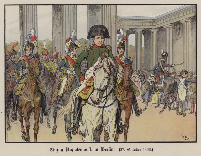 Napoleon betreedt Berlijn, 27 oktober 1806 (kleur litho) door Richard Knotel