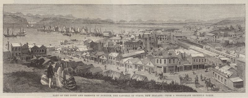 Deel van de stad en haven van Dunedin, de hoofdstad van Otago, Nieuw-Zeeland door Richard Principal Leitch