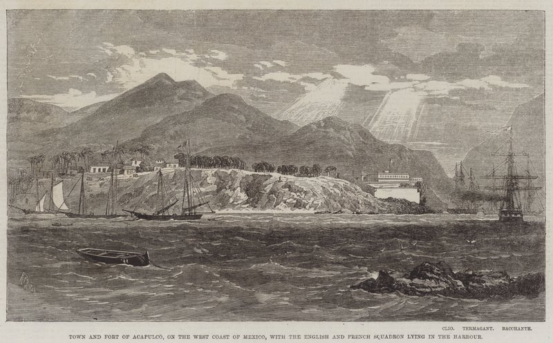 Stad en Fort van Acapulco, aan de Westkust van Mexico, met het Engelse en Franse Eskader in de Haven door Richard Principal Leitch