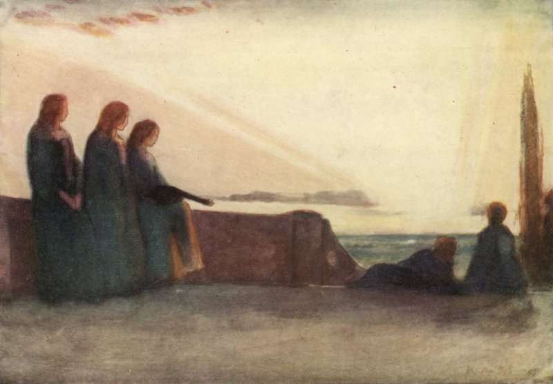 Nu vervaagt het glinsterende landschap in de nacht, en houdt de lucht een plechtige stilte vast door Robert Anning Bell