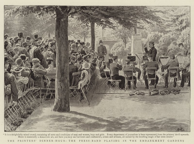 Het Dineruur van de Drukkers, de Persband speelt in de Embankment Gardens door Robert Barnes