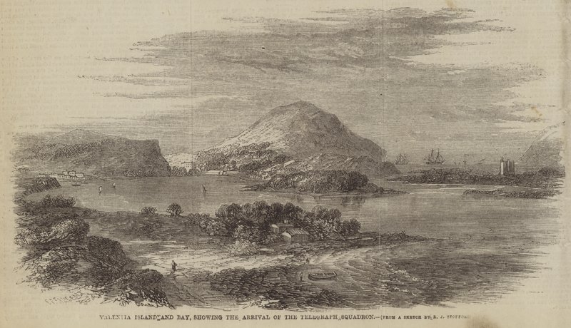Valentia-eiland en baai, met de aankomst van het telegraafeskader door Robert L. Stopford