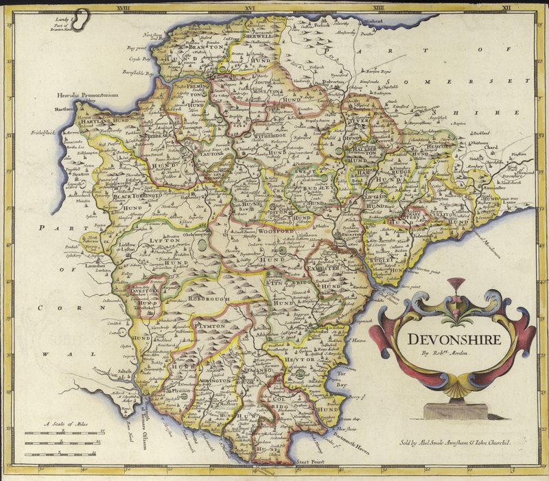 Kaart van Devonshire door Robert Morden