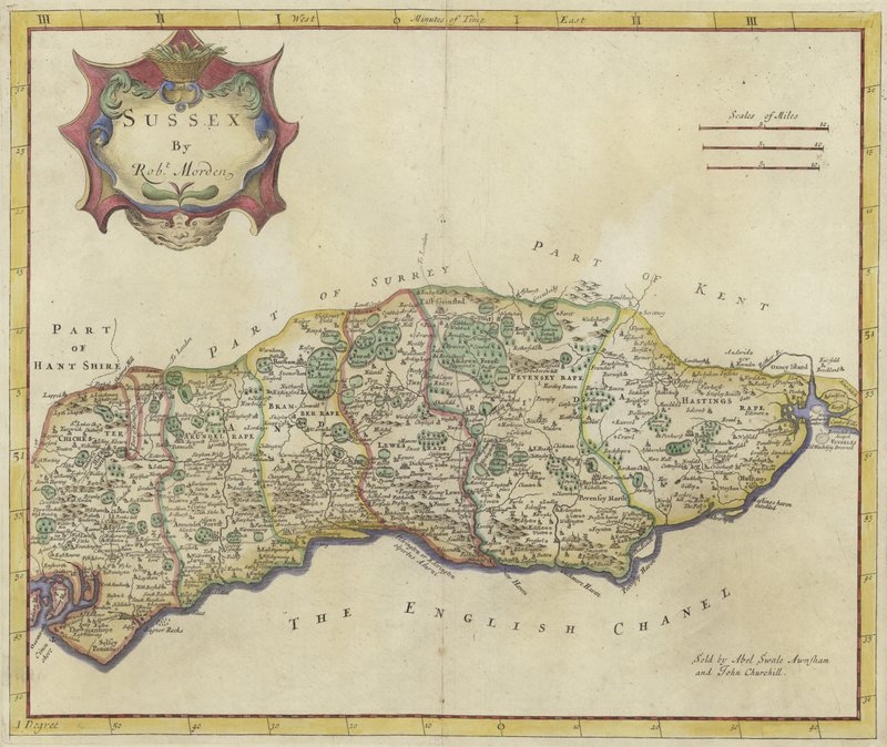 Kaart van Sussex (kleurgravure) door Robert Morden