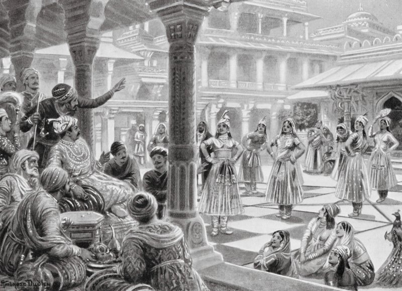 Akbar speelt dammen met levende stukken in Fatehpur Sikri door Robert Ambrose Dudley