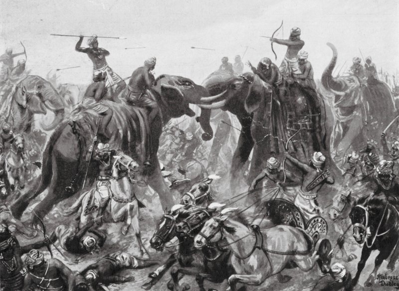 De nederlaag van Pulikesin II Chalukhya door Mahamalla Pallava bij Badami, 642 AD door Robert Ambrose Dudley