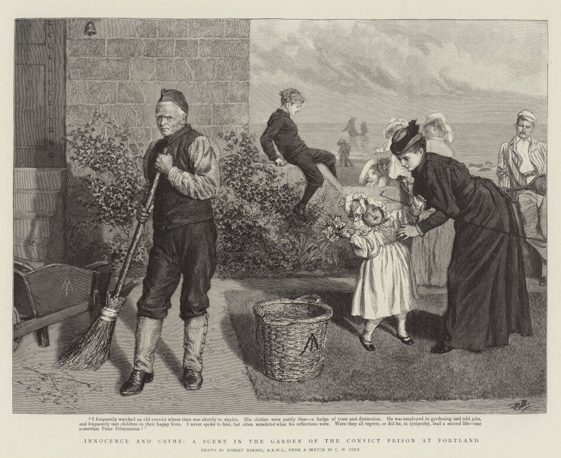Onschuld en misdaad, een scène in de tuin van de gevangenis in Portland door Robert Barnes