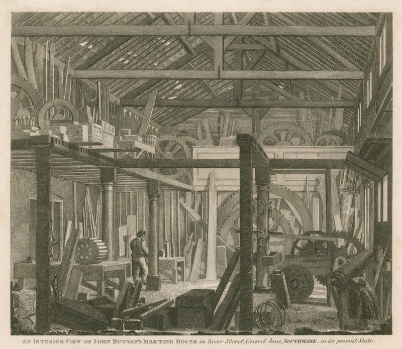 Een interieur van het vergaderhuis van John Bunyan in Zoar Street, Gravel Lane, Southwark, in de huidige staat door Robert Blemell Schnebbelie