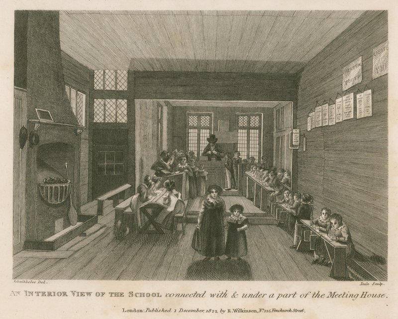 Een interieur van de school verbonden met en onder een deel van wat vroeger John Bunyan