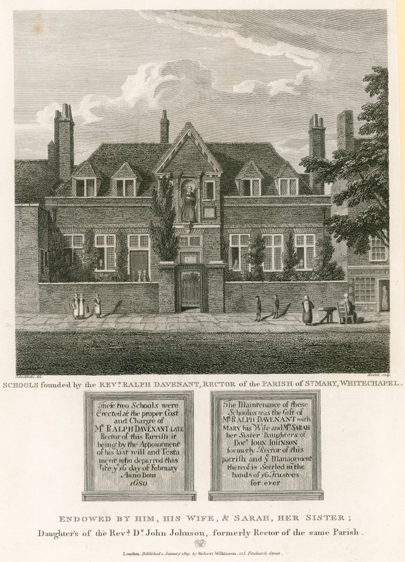 Scholen gesticht door de eerwaarde Ralph Davenant, rector van de parochie van St Mary, Whitechapel door Robert Blemell Schnebbelie