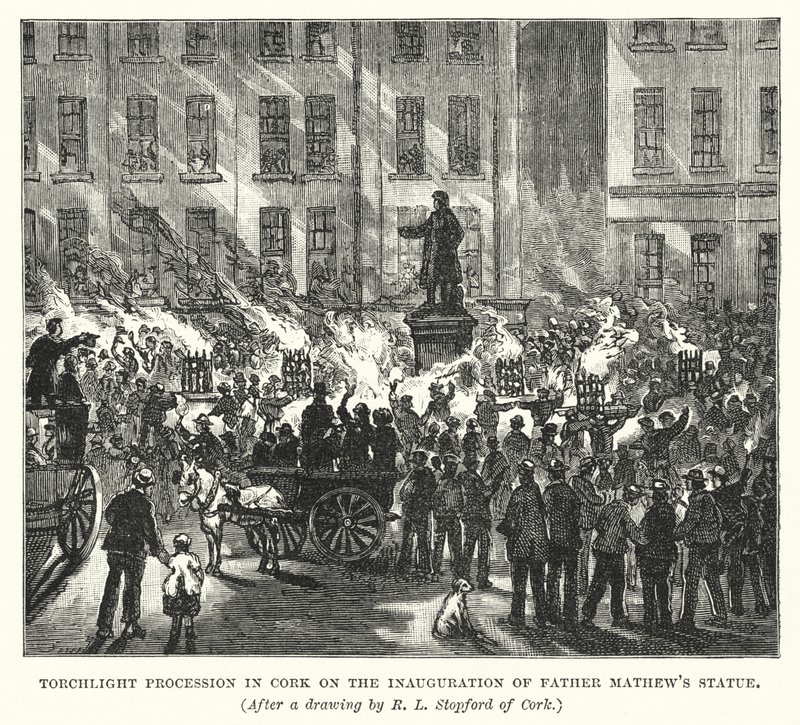 Fakkeloptocht in Cork bij de Inhuldiging van het Standbeeld van Vader Mathew (gravure) door Robert L. Stopford