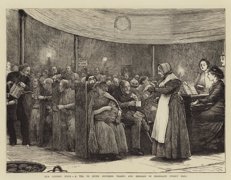 Onze Londense Armen, een Thee voor Zevenhonderd Zwerver en Bedelaars in Moorgate Street Hall door Robert Walker Macbeth