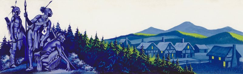 Amerikaanse indianen observeren enkele kolonisten (gouache op papier) door Ron Embleton