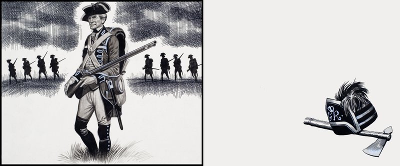 Britse soldaat ten tijde van de Amerikaanse Revolutionaire Oorlog (gouache op papier) door Ron Embleton