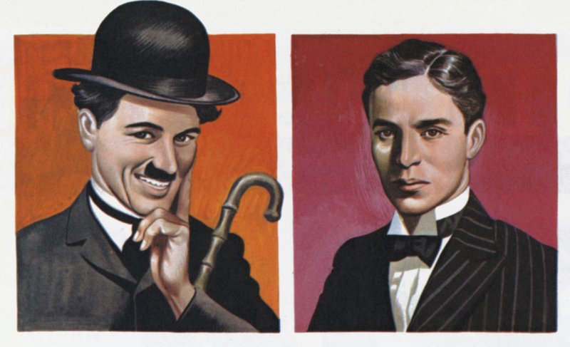 Charlie Chaplin, in kostuum en zoals hij echt was (kleurenlitho) door Ron Embleton