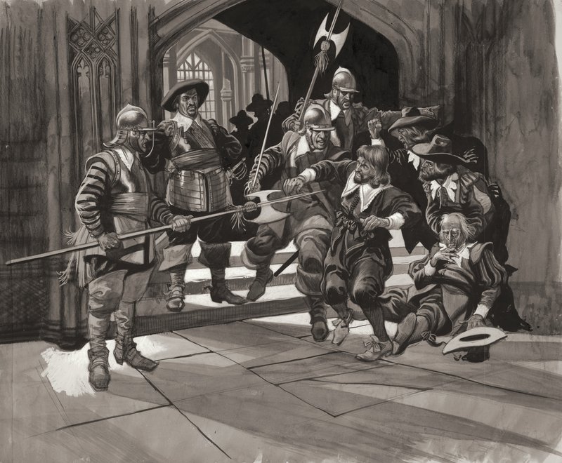 Kolonel Pride die bepaalde leden van het Lagerhuis de toegang weigert (gouache op papier) door Ron Embleton