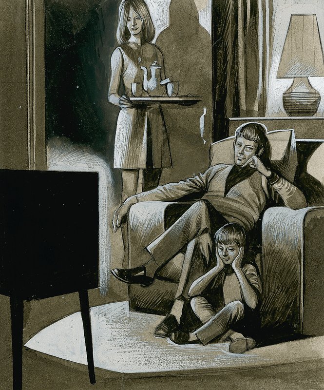Een gezin kijkt televisie in zwart-wit in de jaren 1960 door Ron Embleton