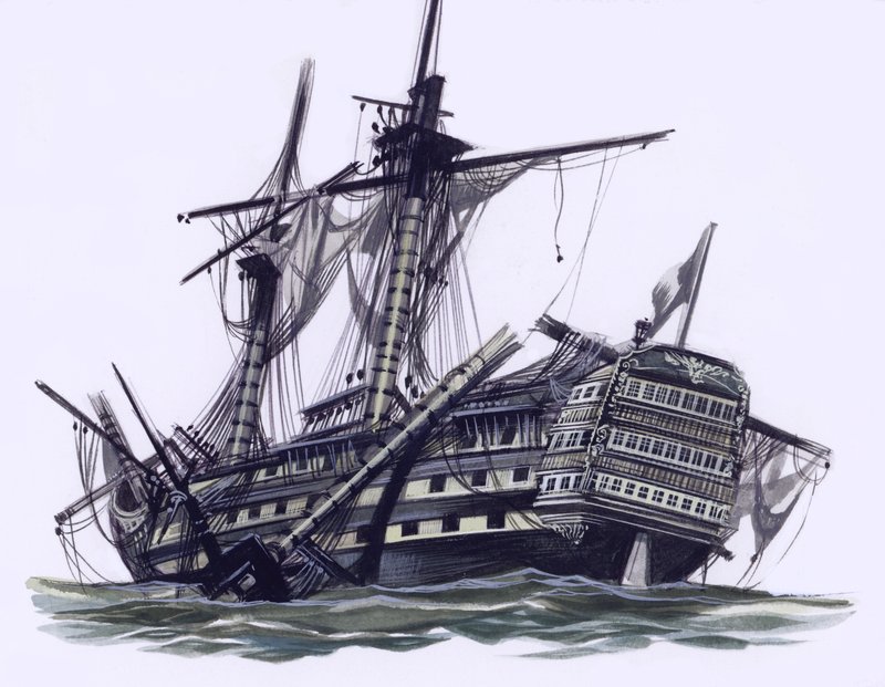 HMS Victory na de Slag om Trafalgar, met weggeschoten bezaan topmast (gouache op papier) door Ron Embleton