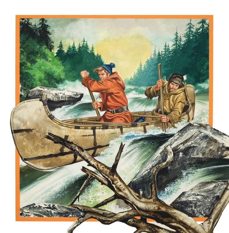 Jack London (1876-1917) op reis in een kano (gouache op papier) door Ron Embleton