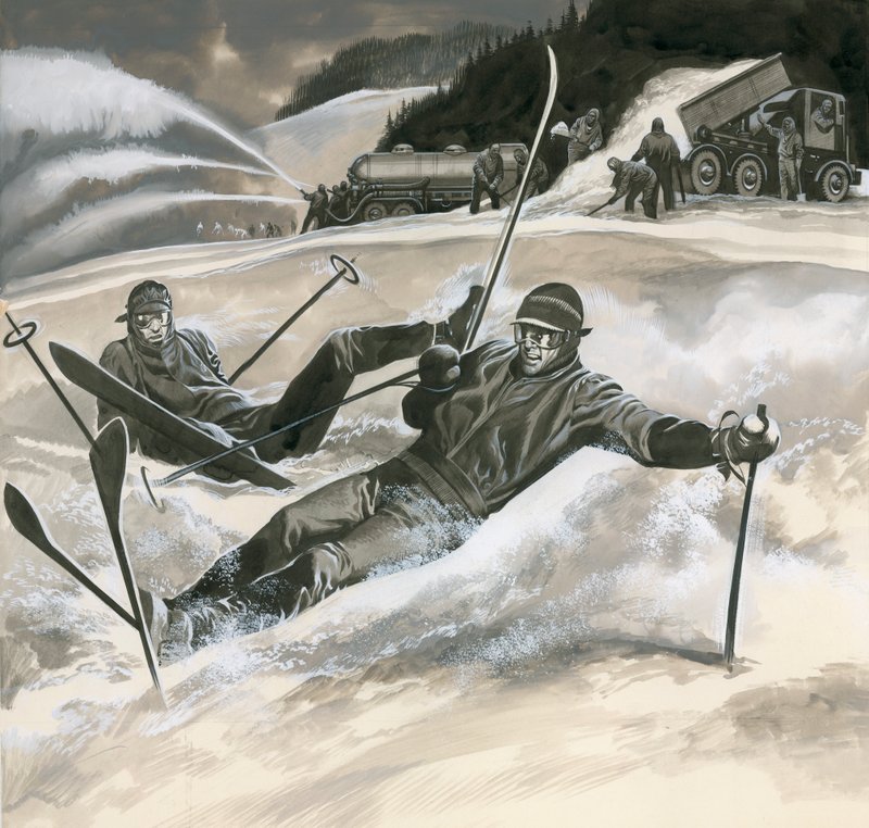 Skiërs en sneeuwmachines door Ron Embleton