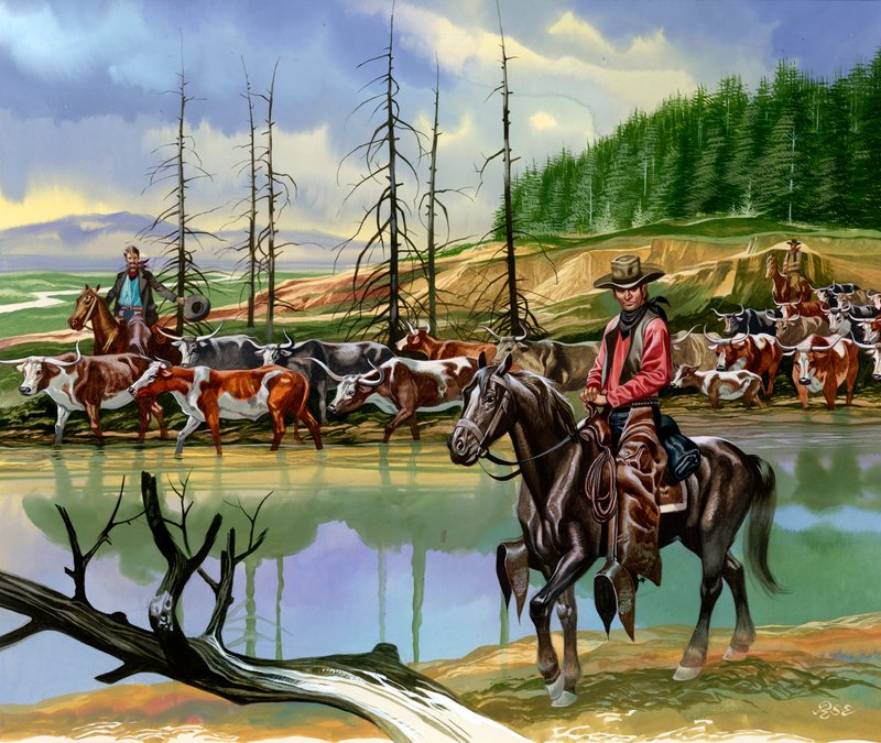 Texaanse cowboys drijven vee naar het noorden door Ron Embleton