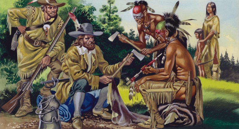 De Fransen in Canada, handel voor bont met de indianen (gouache op papier) door Ron Embleton