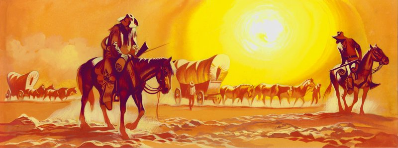 Karrenspoor in de zinderende hitte (gouache op papier) door Ron Embleton