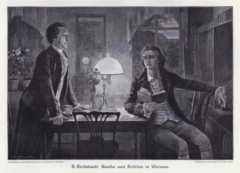 Duitse schrijvers Friedrich Schiller en Johann Wolfgang von Goethe in Weimar (gravure) door Rudolf Eichstaedt
